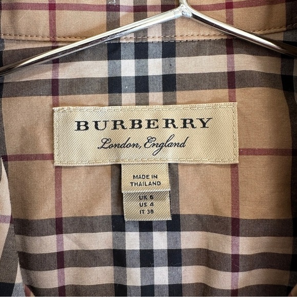Burberry Tan Plaid Button-Up Shirt with Pink Trim Detail - Picture 8 of 13